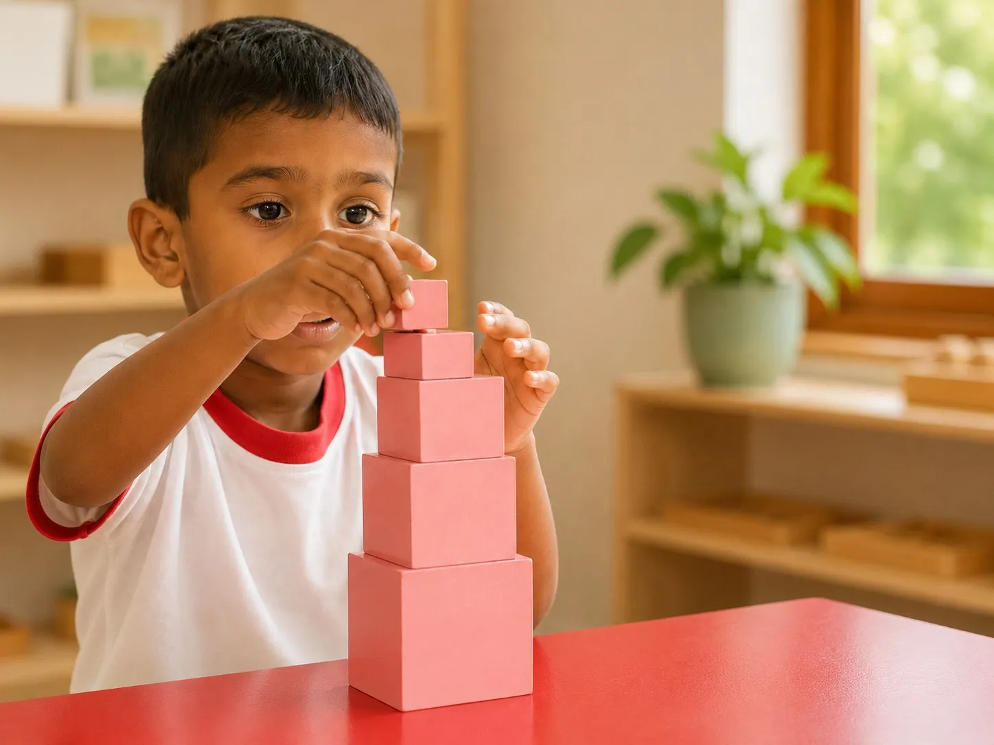 A child exploring sensorial Montessori materials.