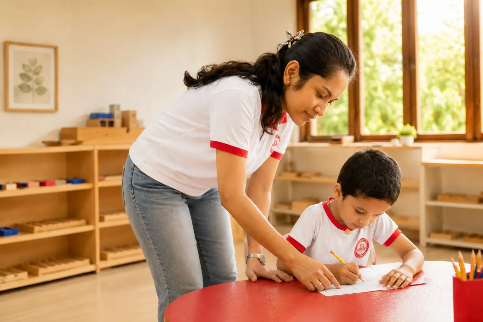A MIMS guide kneeling beside a child at work.