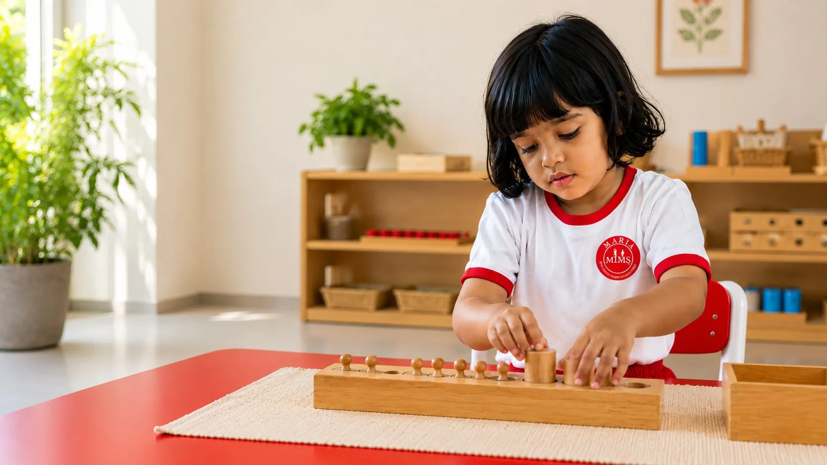 A child absorbed in real Montessori work in a calm, sunlit MIMS classroom.