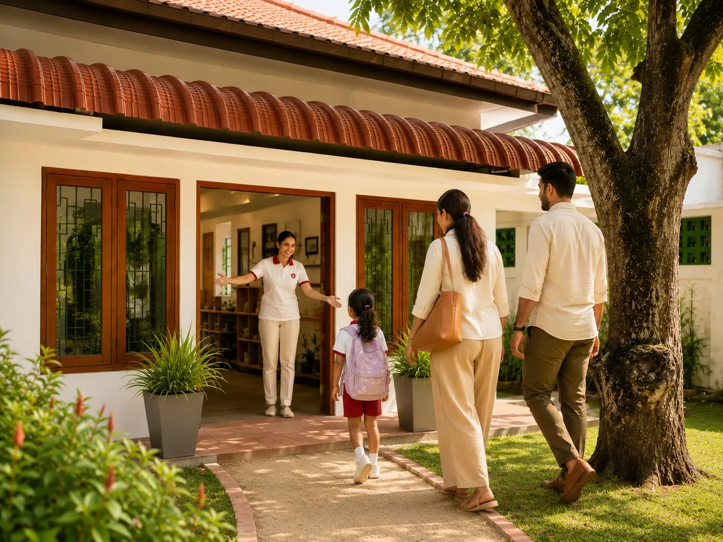 A family being warmly welcomed to MIMS.